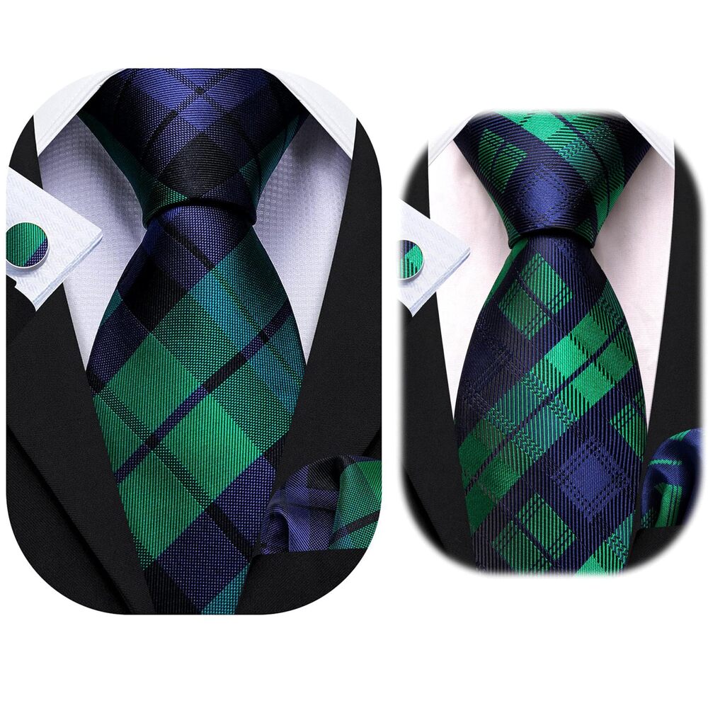 5418 Plaid Ties Check Necktie Set with Handkerchief Cufflinks Classic